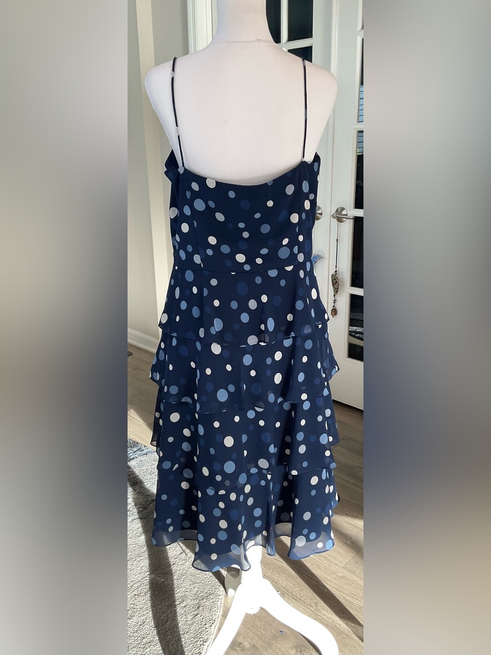 Dressbarn Navy Blue Polka Dot Tiered Chiffon Midi Dress Ruffle Size 12 GUC - Picture 5 of 13